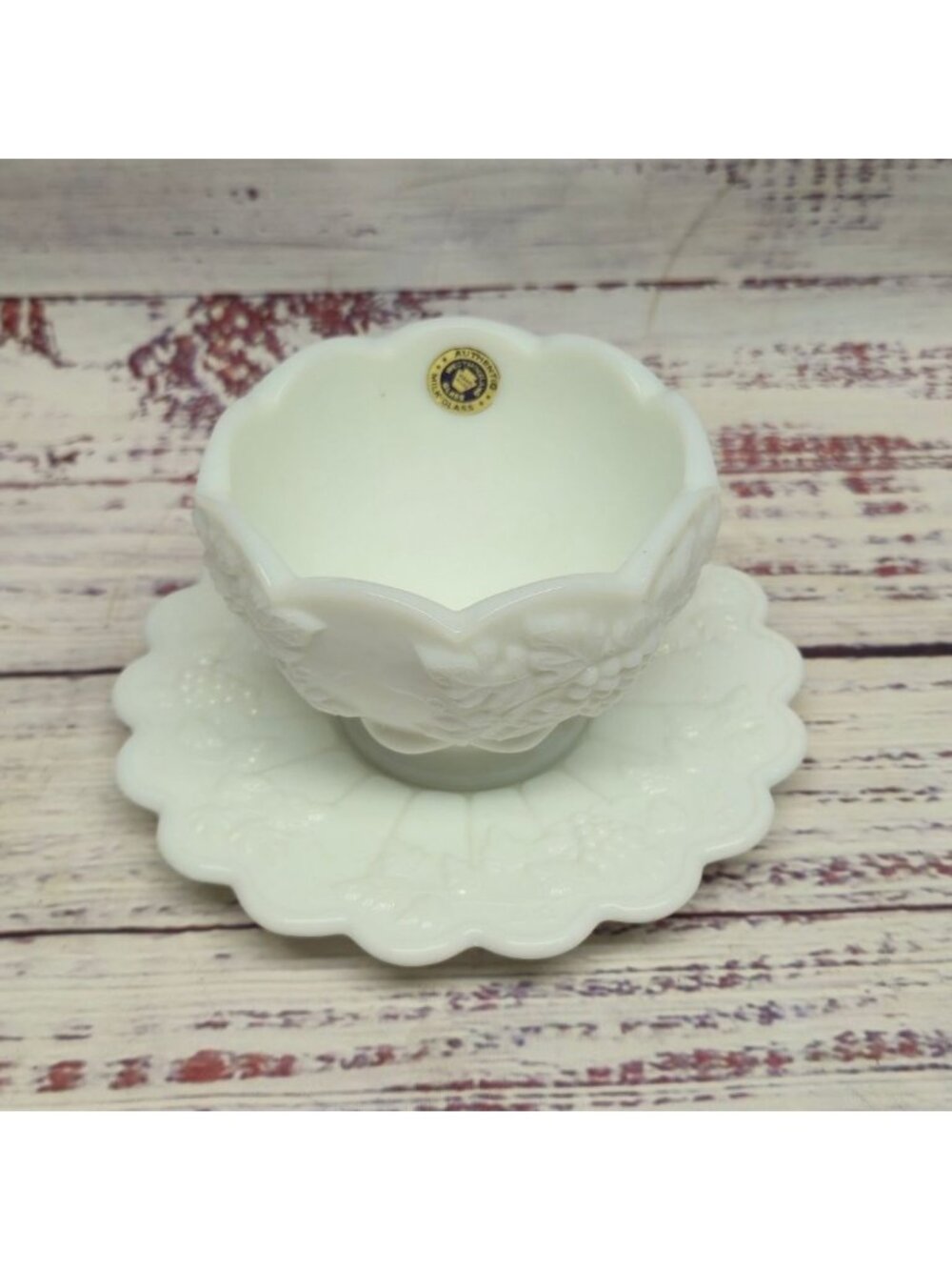 Westmoreland Milk Glass Paneled Grape Condiment Bowl & Plate original Sticker